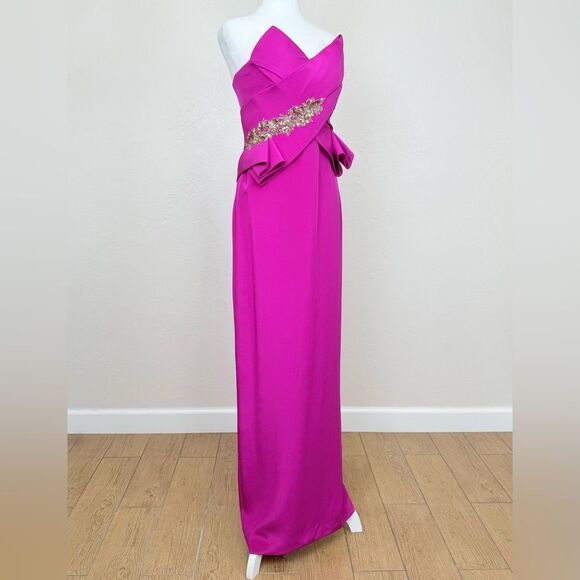 NWT Marchesa Notte Lipstick Pink Sculpted Silk Crepe Strapless Gown Maxi Dress 4 - Picture 2 of 16